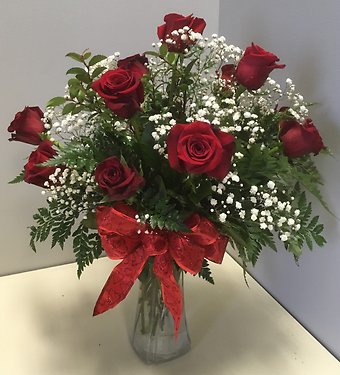 A Dozen Red Roses with Babies Breath